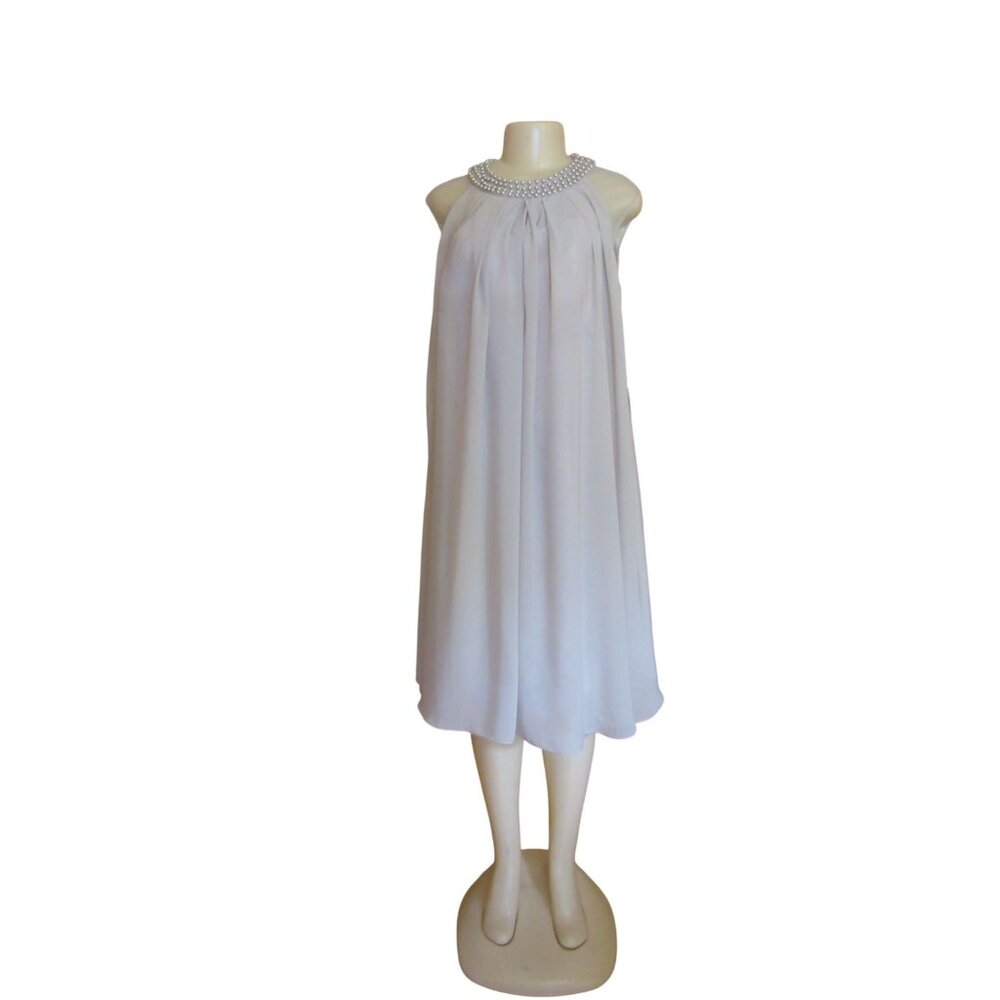 NWT Lan Ting Bride Pale Gray Chiffon Sleeveless Dress W/ Beaded Neck Size M